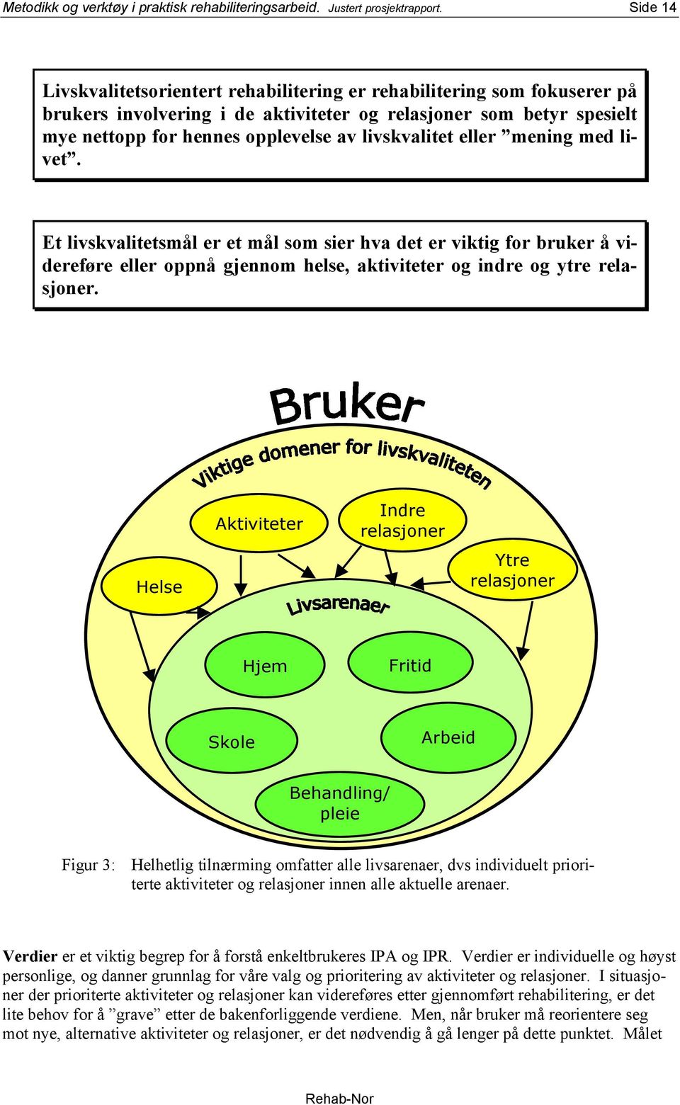 livskvalitet eller mening med livet. Et livskvalitetsmål er et mål som sier hva det er viktig for bruker å videreføre eller oppnå gjennom helse, aktiviteter og indre og ytre relasjoner.