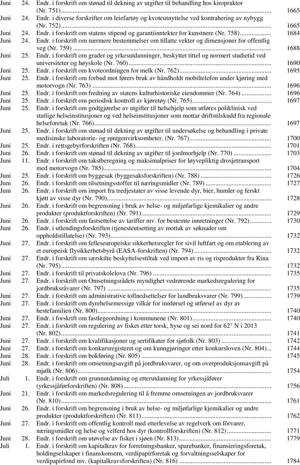 759)... 1688 Juni 25. Endr. i forskrift om grader og yrkesutdanninger, beskyttet tittel og normert studietid ved universiteter og høyskole (Nr. 760)... 1690 Juni 25. Endr. i forskrift om kvoteordningen for melk (Nr.