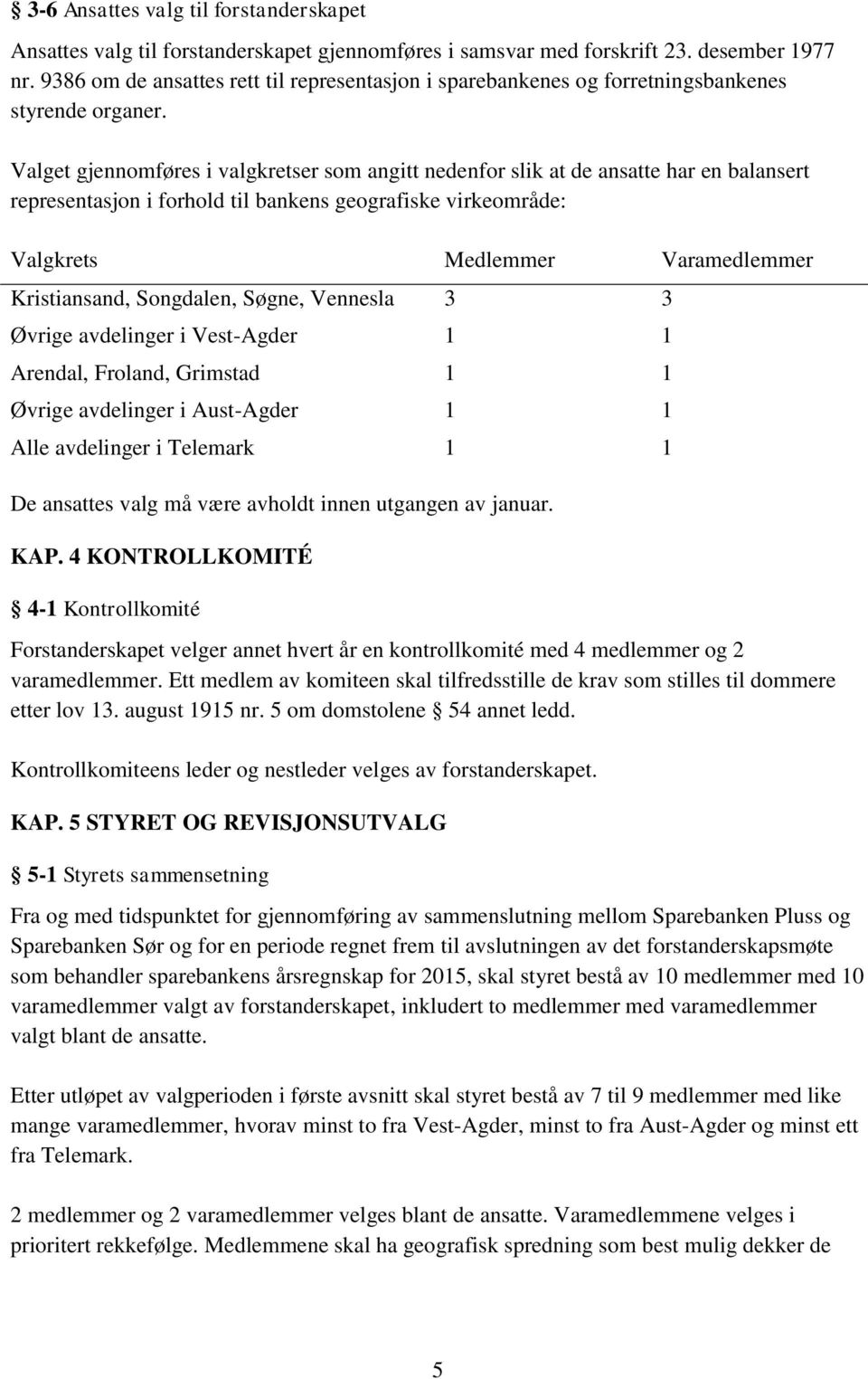 Valget gjennomføres i valgkretser som angitt nedenfor slik at de ansatte har en balansert representasjon i forhold til bankens geografiske virkeområde: Valgkrets Medlemmer Varamedlemmer Kristiansand,