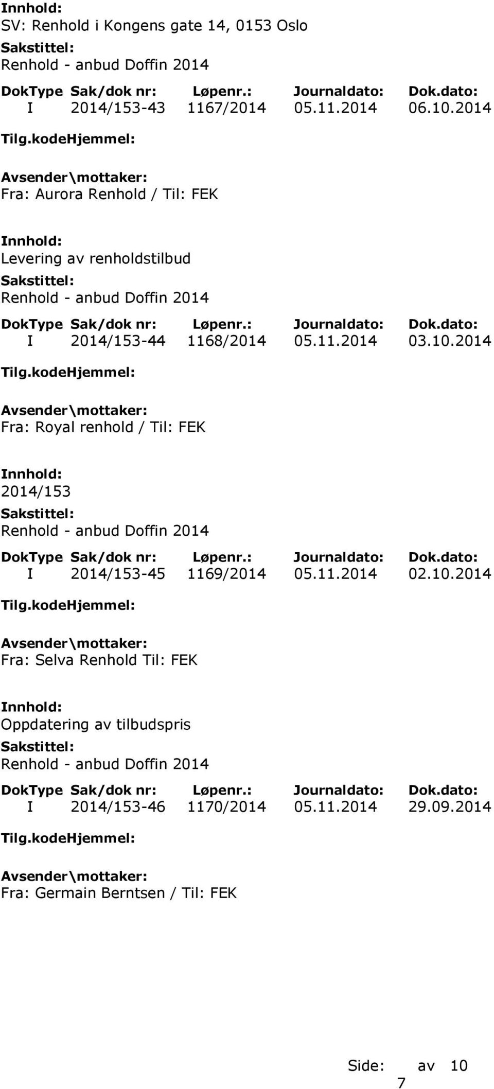 10.2014 Fra: Royal renhold / Til: FEK 2014/153 I 2014/153-45 1169/2014 05.11.2014 02.10.2014 Fra: Selva Renhold Til: FEK Oppdatering av tilbudspris I 2014/153-46 1170/2014 05.
