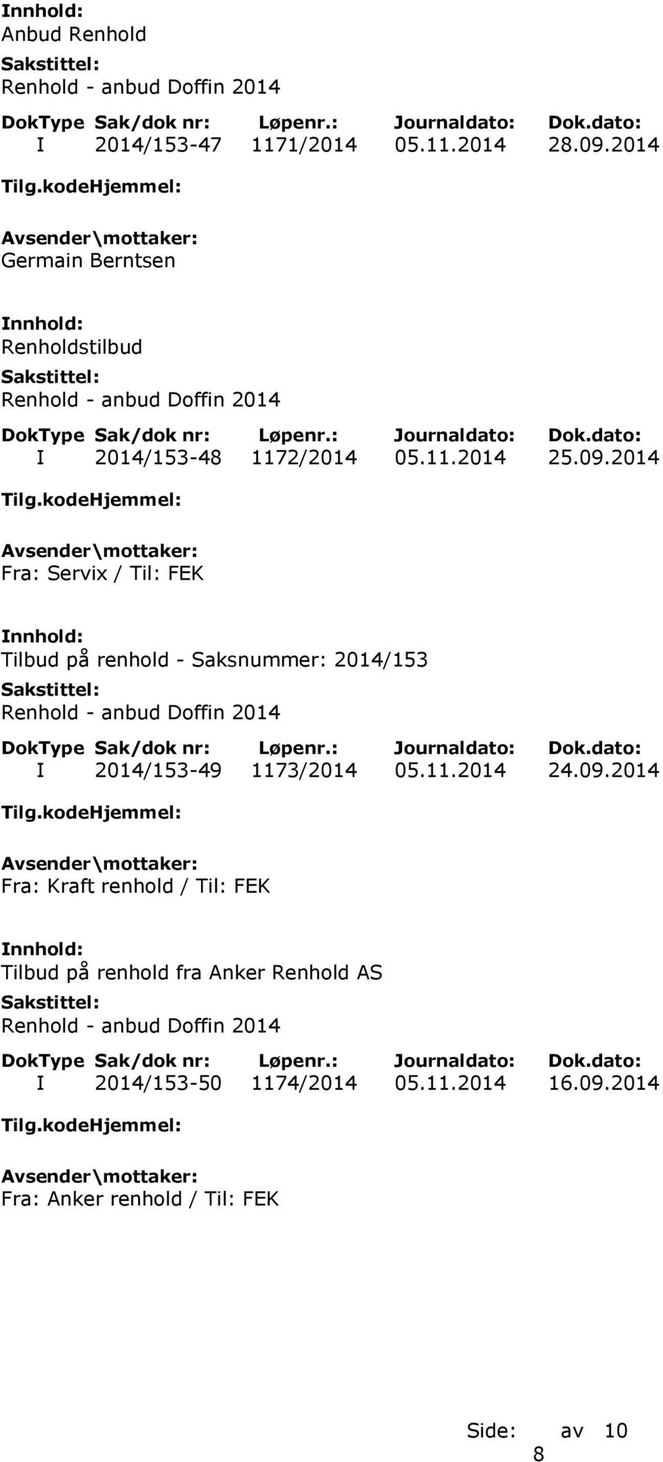 2014 Fra: Servix / Til: FEK Tilbud på renhold - Saksnummer: 2014/153 I 2014/153-49 1173/2014 05.11.2014 24.
