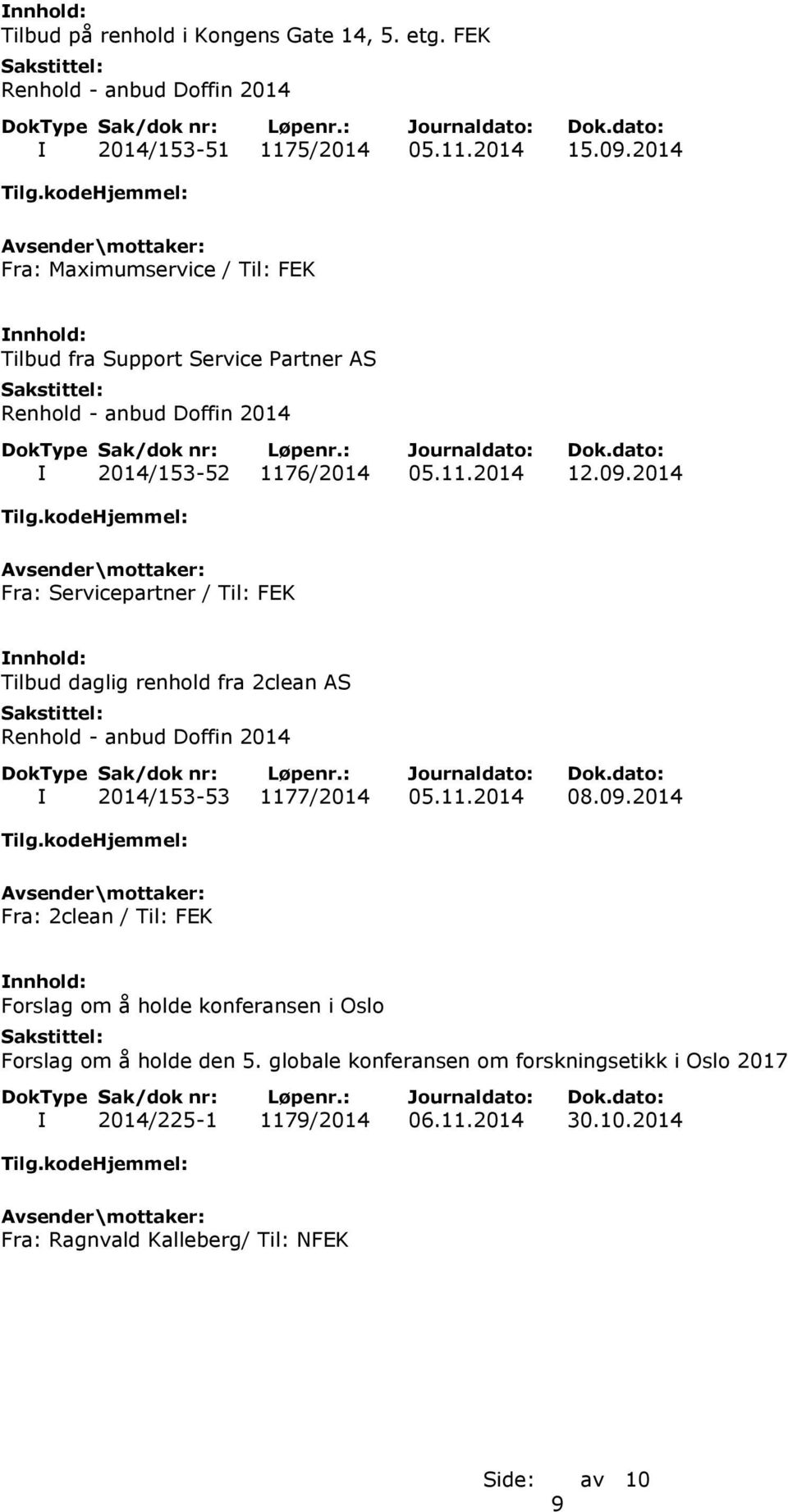 2014 Fra: Servicepartner / Til: FEK Tilbud daglig renhold fra 2clean AS I 2014/153-53 1177/2014 05.11.2014 08.09.