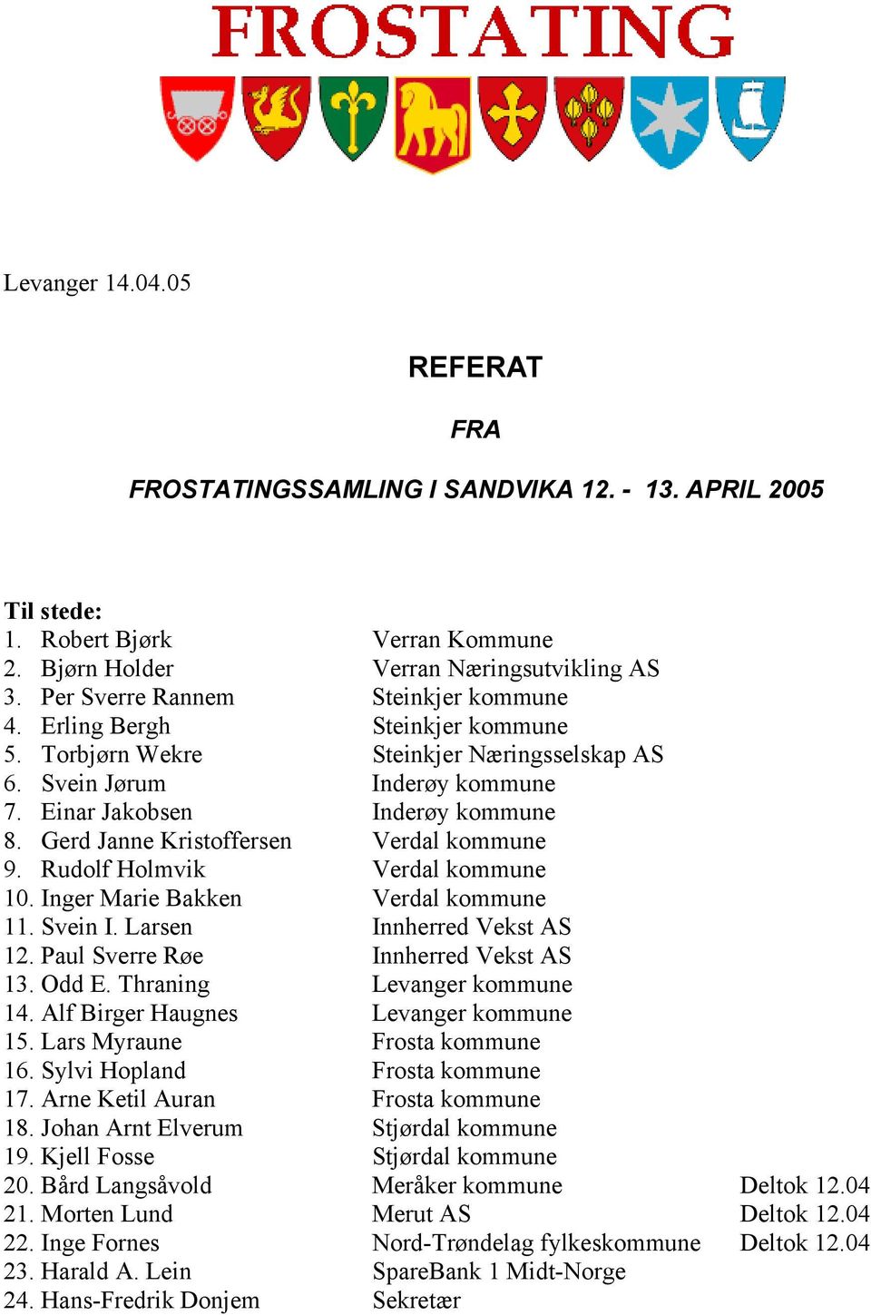 Gerd Janne Kristoffersen Verdal kommune 9. Rudolf Holmvik Verdal kommune 10. Inger Marie Bakken Verdal kommune 11. Svein I. Larsen Innherred Vekst AS 12. Paul Sverre Røe Innherred Vekst AS 13. Odd E.