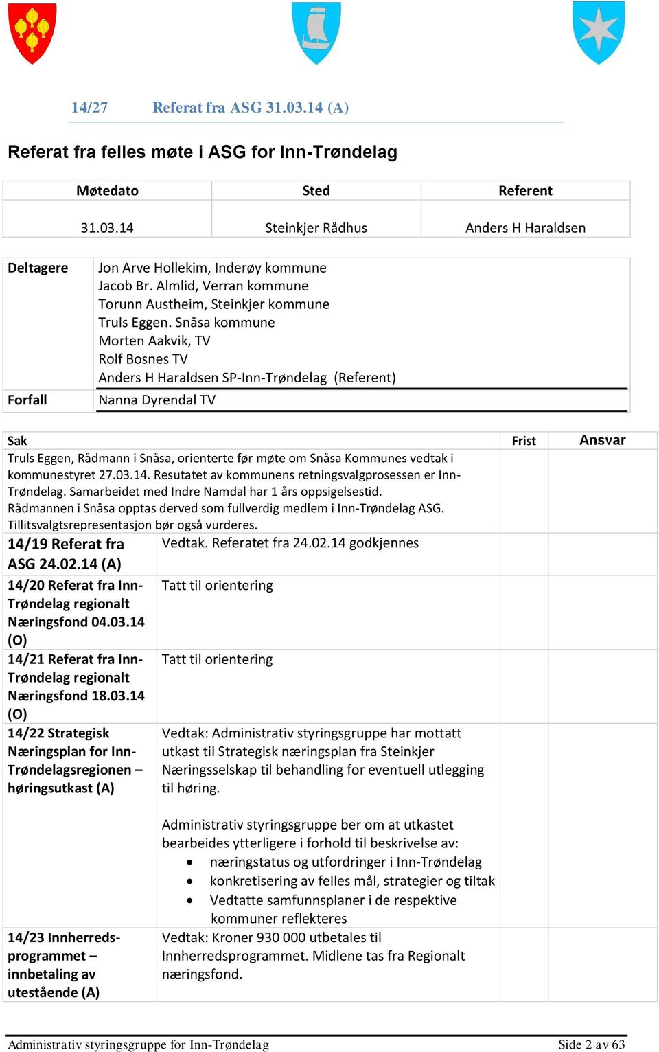 Snåsa kommune Morten Aakvik, TV Rolf Bosnes TV Anders H Haraldsen SP-Inn-Trøndelag (Referent) Nanna Dyrendal TV Sak Frist Ansvar Truls Eggen, Rådmann i Snåsa, orienterte før møte om Snåsa Kommunes