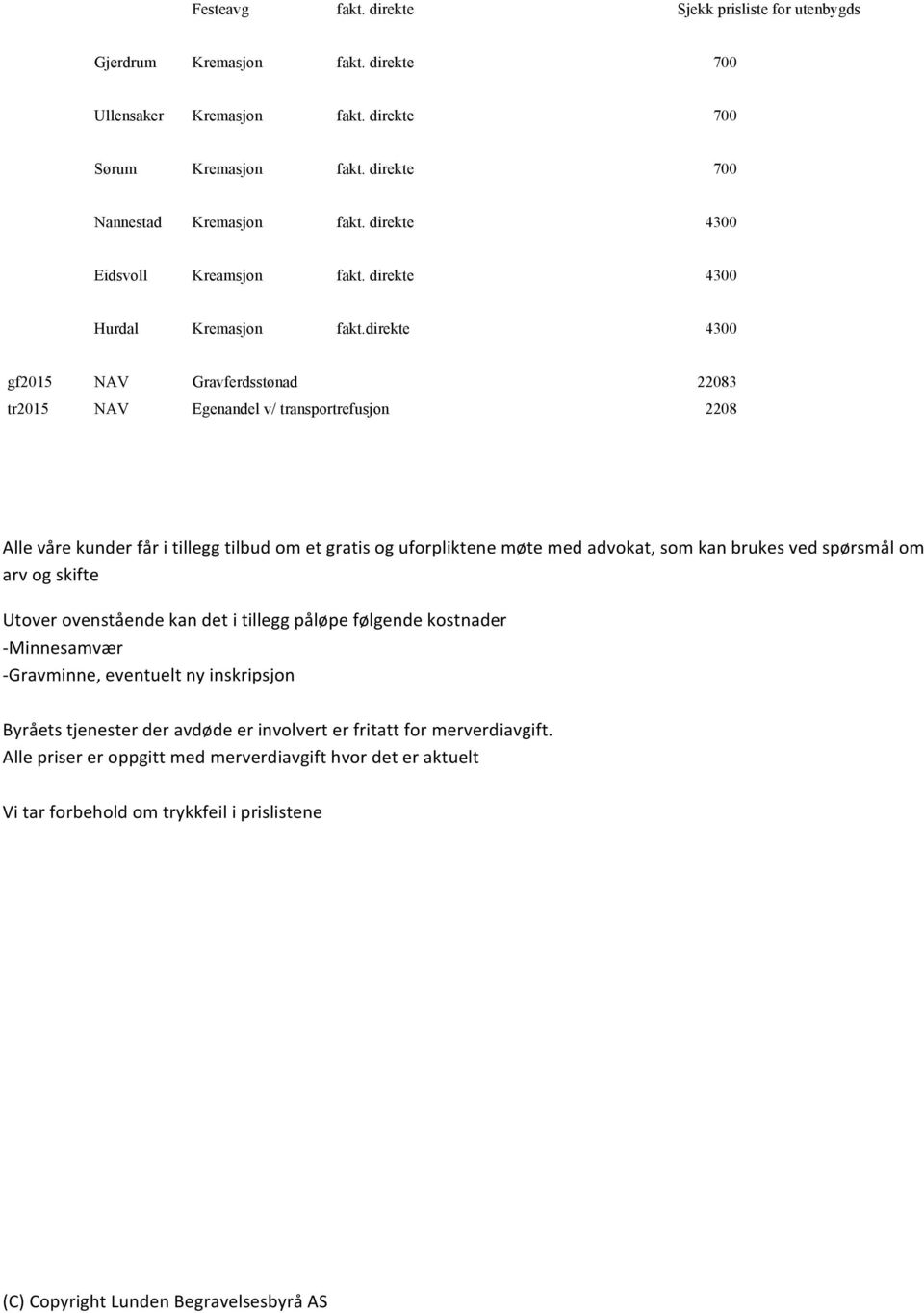 direkte 4300 gf2015 NAV Gravferdsstønad 22083 tr2015 NAV Egenandel v/ transportrefusjon 2208 Alle våre kunder får i tillegg tilbud om et gratis og uforpliktene møte med advokat, som kan brukes