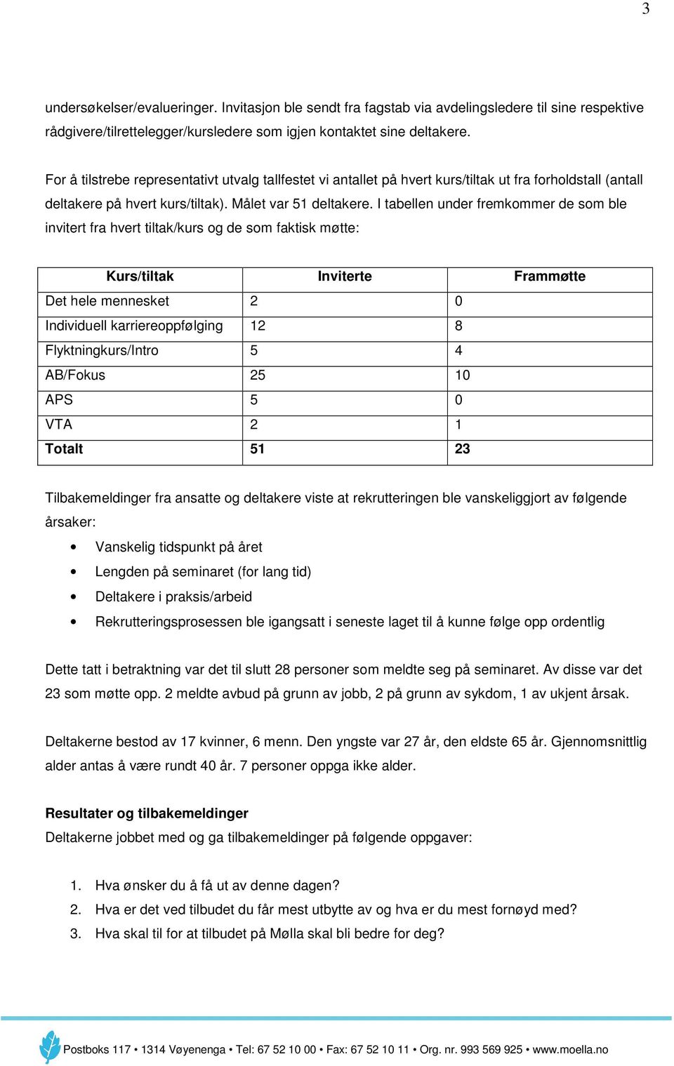 I tabellen under fremkommer de som ble invitert fra hvert tiltak/kurs og de som faktisk møtte: Kurs/tiltak Inviterte Frammøtte Det hele mennesket 2 0 Individuell karriereoppfølging 12 8