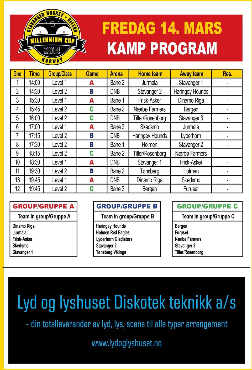 16:00 Level 2 C DNB Tiller/Rosenborg Stavanger 3-6 17:00 Level 1 A Bane 2 Skedsmo Jurmala - 7 17:15 Level 2 B DNB Haringey Hounds Lyderhorn - 8 17:30 Level 2 B Bane 1 Holmen Stavanger 2-9 18:15 Level