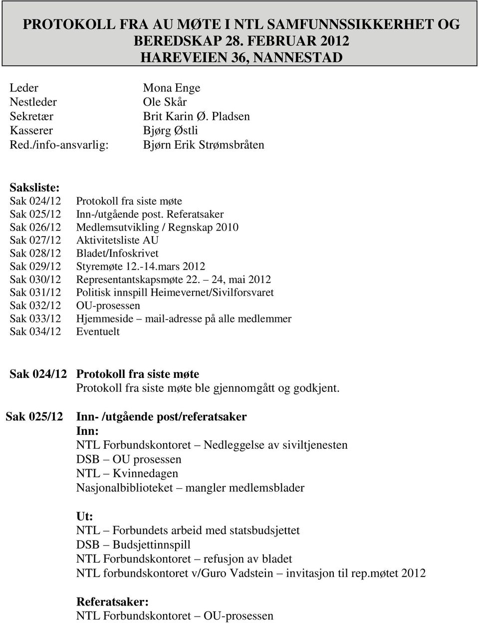 Referatsaker Sak 026/12 Medlemsutvikling / Regnskap 2010 Sak 027/12 Aktivitetsliste AU Sak 028/12 Bladet/Infoskrivet Sak 029/12 Styremøte 12.-14.mars 2012 Sak 030/12 Representantskapsmøte 22.