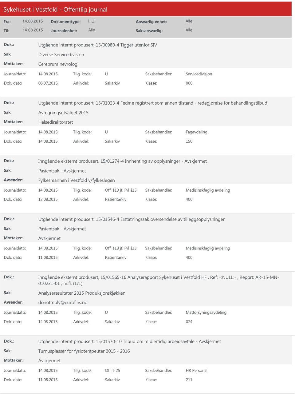 dato: Arkivdel: Sakarkiv 150 Inngående eksternt produsert, 15/01274-4 Innhenting av opplysninger - Pasientsak - Fylkesmannen i Vestfold v/fylkeslegen Medisinskfaglig avdeling Dok. dato: 12.08.