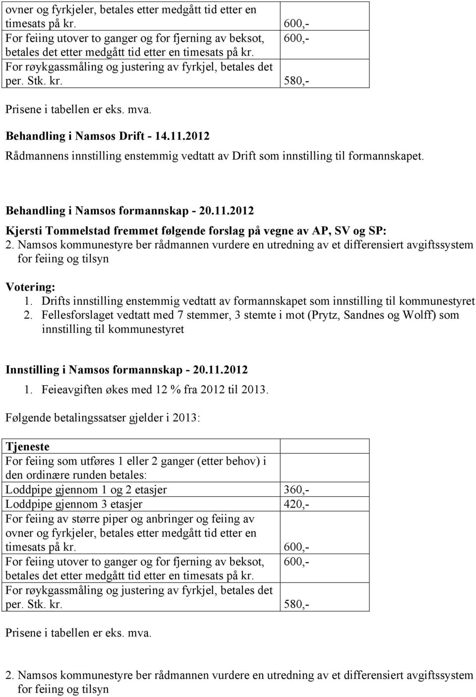 2012 Rådmannens innstilling enstemmig vedtatt av Drift som innstilling til formannskapet. Behandling i Namsos formannskap - 20.11.