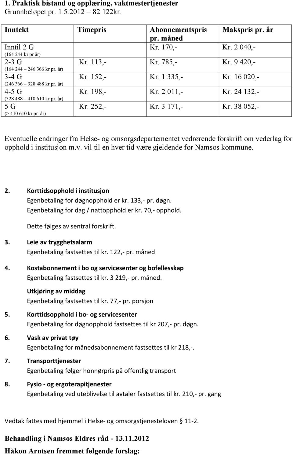 16 020,- Kr. 198,- Kr. 2 011,- Kr. 24 132,- Kr. 252,- Kr. 3 171,- Kr. 38 052,- Eventuelle endringer fra Helse- og omsorgsdepartementet vedrørende forskrift om vederlag for opphold i institusjon m.v. vil til en hver tid være gjeldende for Namsos kommune.