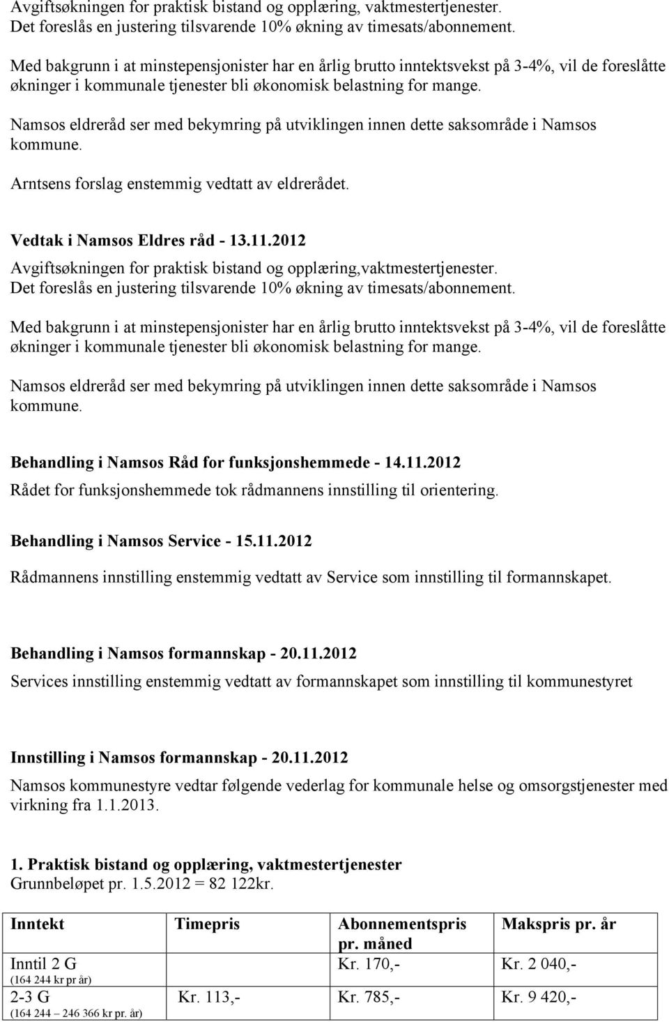 Namsos eldreråd ser med bekymring på utviklingen innen dette saksområde i Namsos kommune. Arntsens forslag enstemmig vedtatt av eldrerådet. Vedtak i Namsos Eldres råd - 13.11.