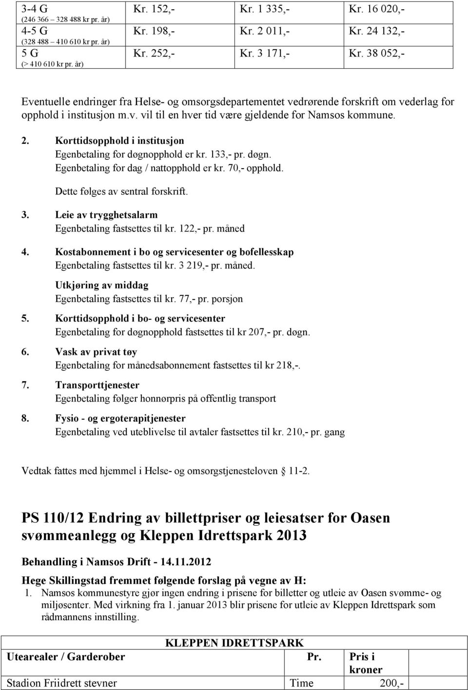 Korttidsopphold i institusjon Egenbetaling for døgnopphold er kr. 133,- pr. døgn. Egenbetaling for dag / nattopphold er kr. 70,- opphold. Dette følges av sentral forskrift. 3.