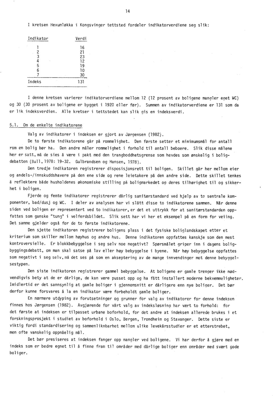 Alle kretser i tettstedet kan slik gis en indeksverdi. 5.1. Om de enkelte indikatorene Valg av indikatorer i indeksen er gjort av. Jørgensen (1982). De to første indikatorene går på rommelighet.