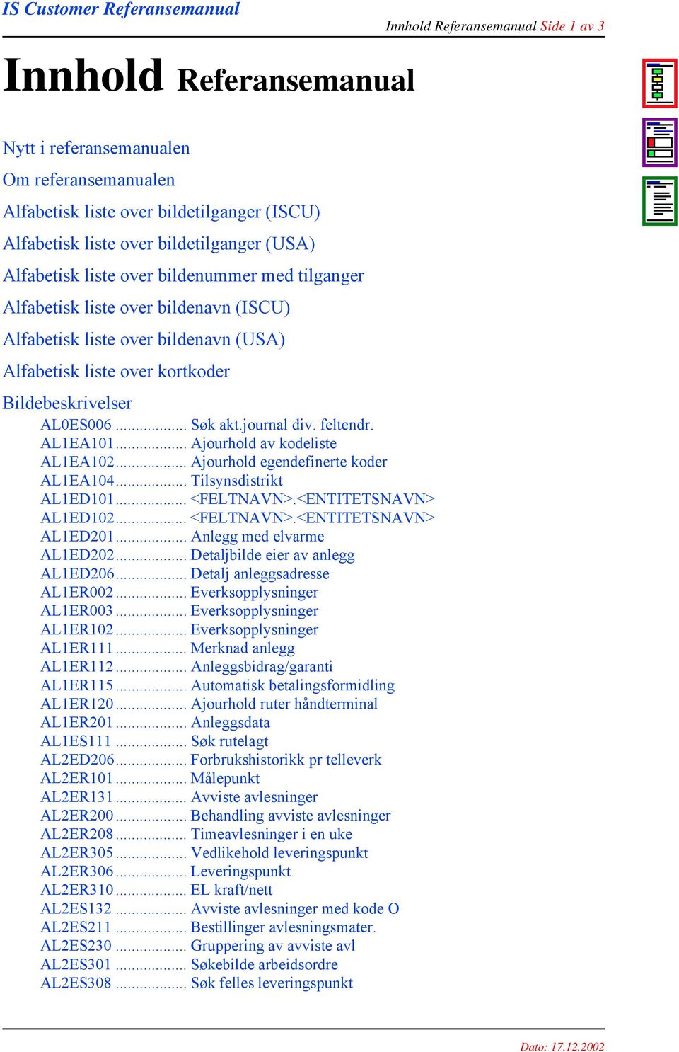 journal div. feltendr. AL1EA101... Ajourhold av kodeliste AL1EA102... Ajourhold egendefinerte koder AL1EA104... Tilsynsdistrikt AL1ED101... <FELTNAVN>.<ENTITETSNAVN> AL1ED102... <FELTNAVN>.<ENTITETSNAVN> AL1ED201.