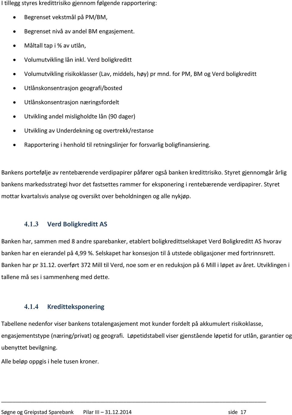 for PM, BM og Verd boligkreditt Utlånskonsentrasjon geografi/bosted Utlånskonsentrasjon næringsfordelt Utvikling andel misligholdte lån (90 dager) Utvikling av Underdekning og overtrekk/restanse