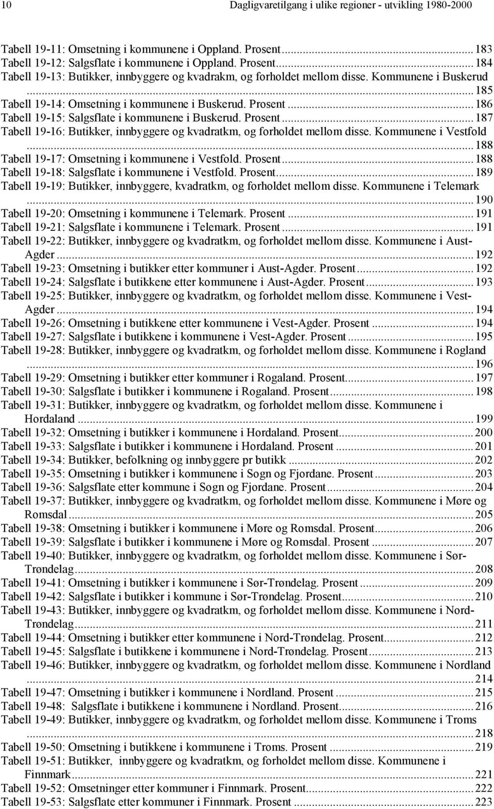 Kommunene i Vestfold...188 Tabell 19-17: Omsetning i kommunene i Vestfold. Prosent...188 Tabell 19-18: Salgsflate i kommunene i Vestfold. Prosent...189 Tabell 19-19: Butikker, innbyggere, kvadratkm, og forholdet mellom disse.