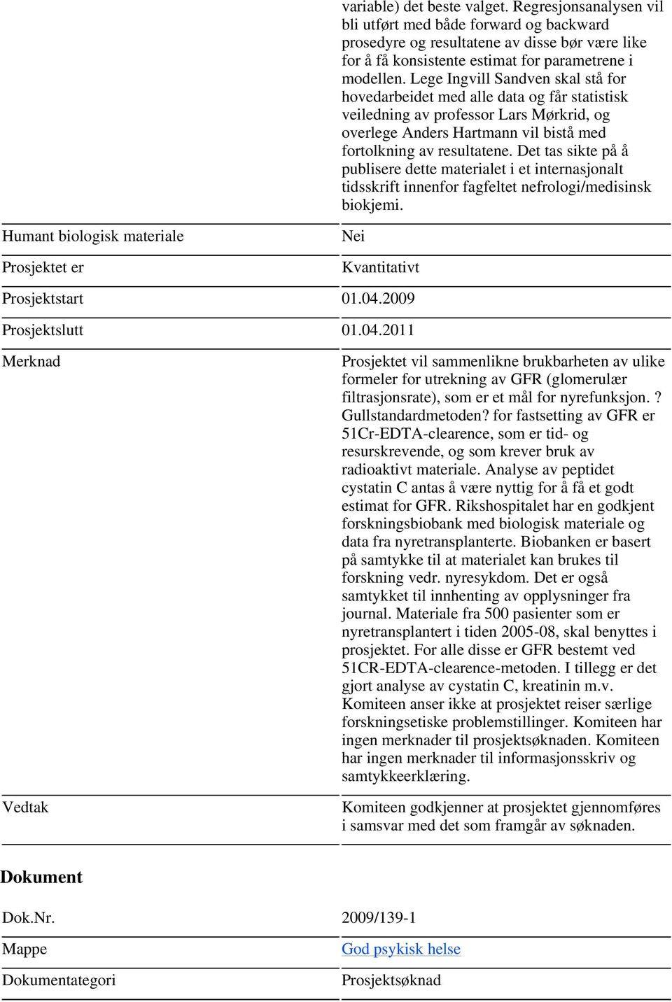 Det tas sikte på å publisere dette materialet i et internasjonalt tidsskrift innenfor fagfeltet nefrologi/medisinsk biokjemi. Humant biologisk materiale Nei Kvantitativt Prosjektstart 01.04.