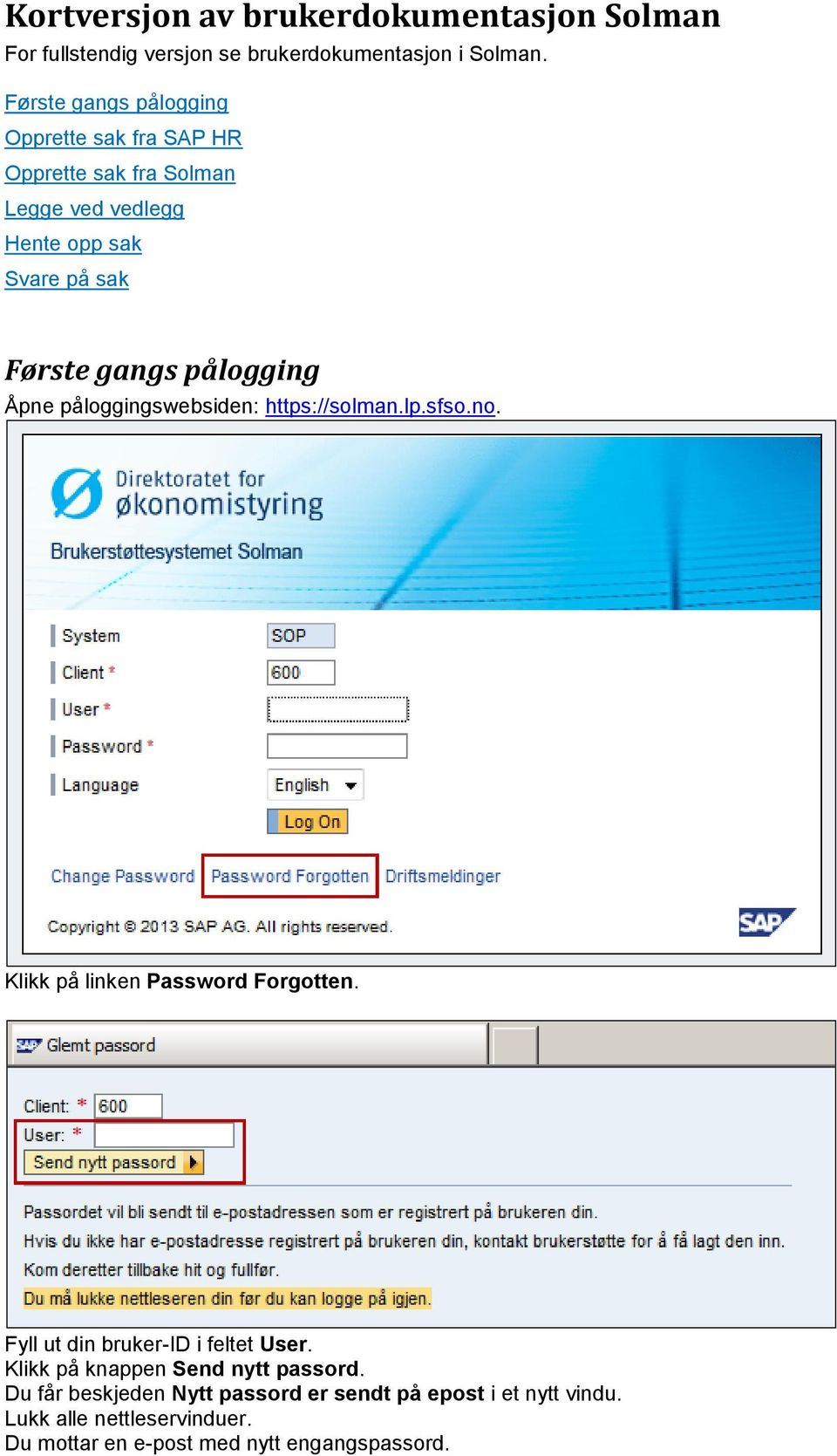 pålogging Åpne påloggingswebsiden: https://solman.lp.sfso.no. Klikk på linken Password Forgotten. Fyll ut din bruker-id i feltet User.