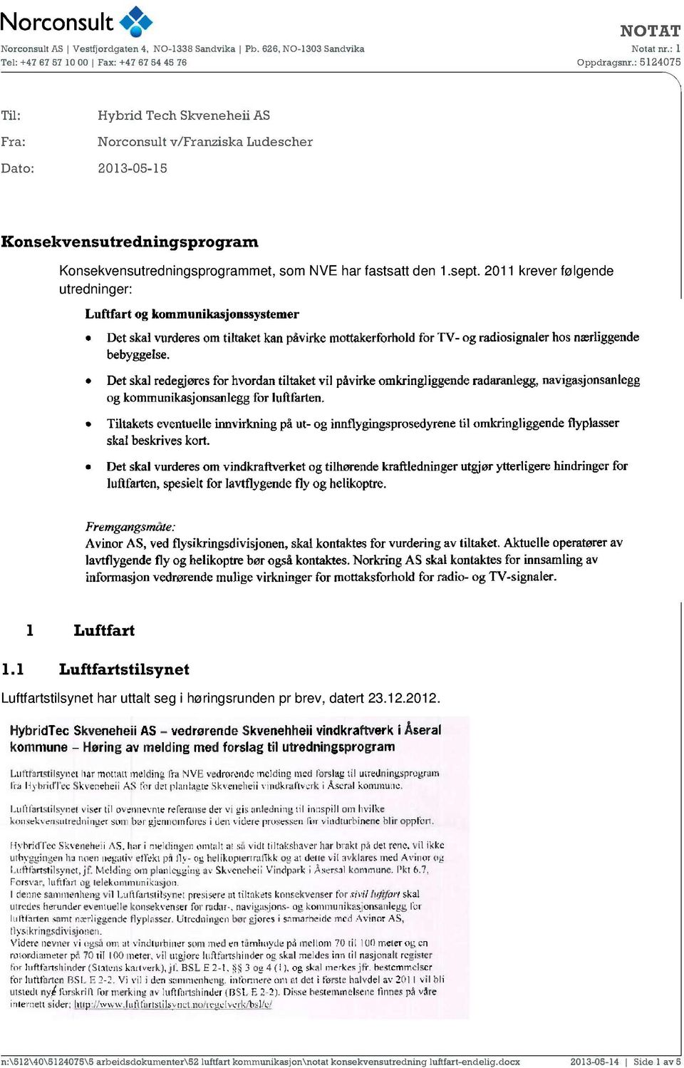 1 Luftfartstilsynet Luftfartstilsynet har uttalt seg i høringsrunden pr brev, datert 23.12.2012.