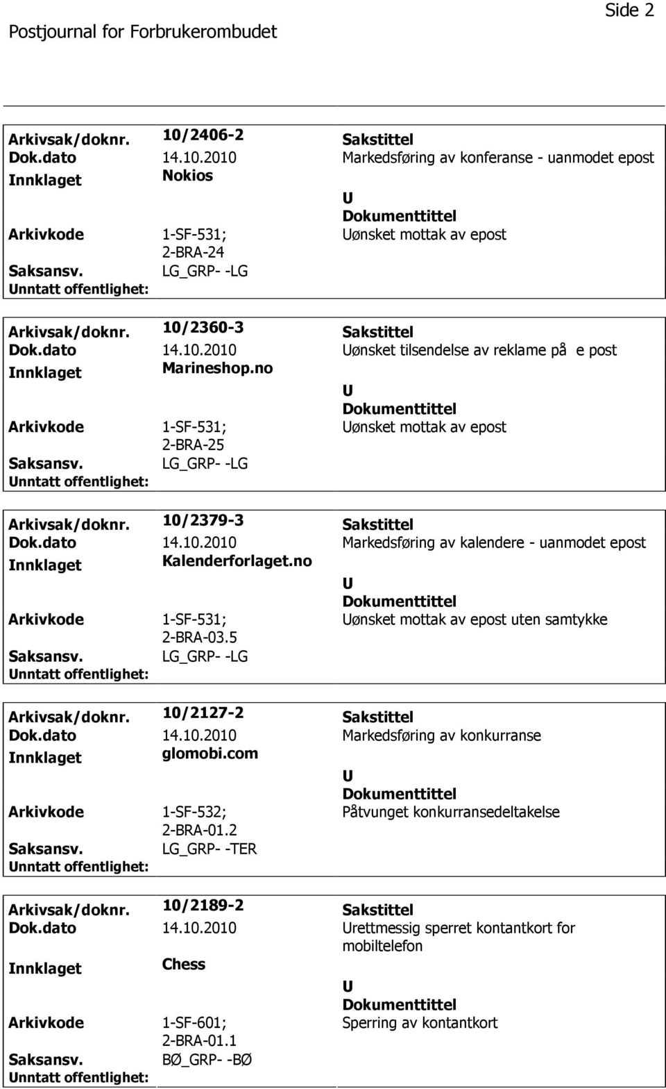 no 1-SF-531; 2-BRA-03.5 ønsket mottak av epost uten samtykke LG_GRP- -LG Arkivsak/doknr. 10/2127-2 Sakstittel Dok.dato 14.10.2010 Markedsføring av konkurranse nnklaget glomobi.com 1-SF-532; 2-BRA-01.