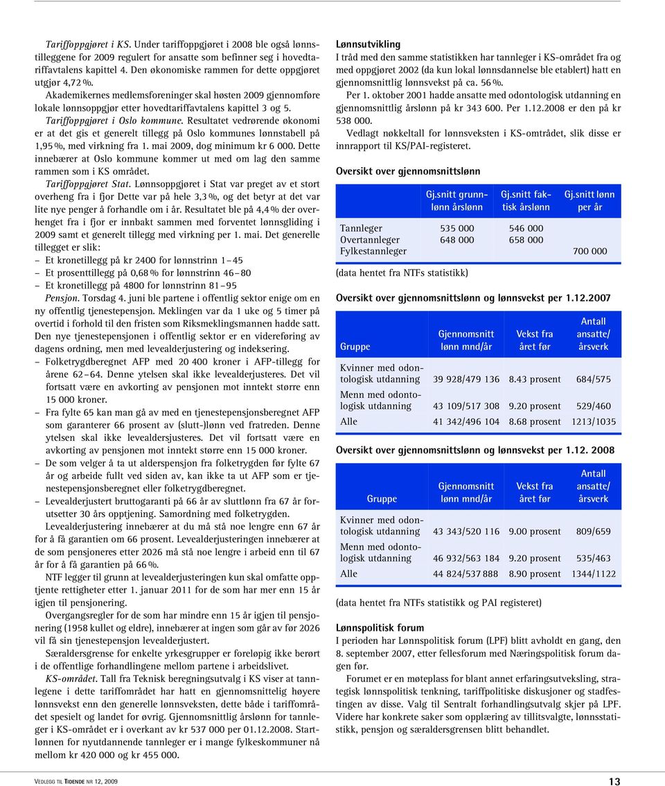 Tariffoppgjøret i Oslo kommune. Resultatet vedrørende økonomi er at det gis et generelt tillegg på Oslo kommunes lønnstabell på 1,95 %, med virkning fra 1. mai 2009, dog minimum kr 6 000.