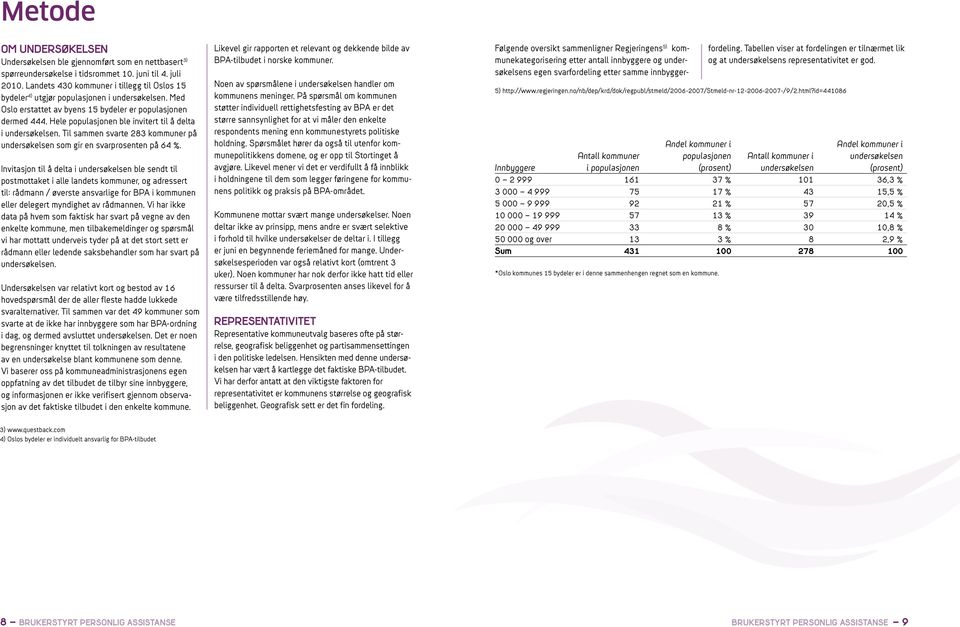 Hele populasjonen ble invitert til å delta i undersøkelsen. Til sammen svarte 283 kommuner på undersøkelsen som gir en svarprosenten på 64 %.