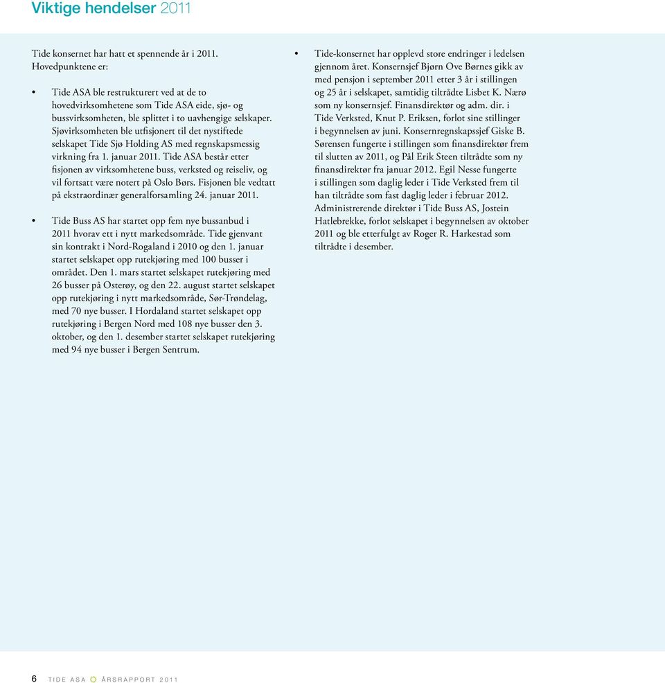 Sjøvirksomheten ble utfisjonert til det nystiftede selskapet Tide Sjø Holding AS med regnskapsmessig virkning fra 1. januar 2011.