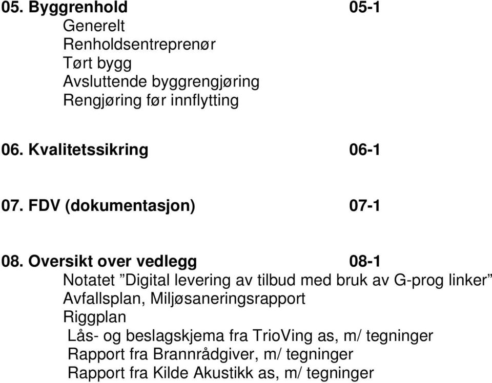 Oversikt over vedlegg 08-1 Notatet Digital levering av tilbud med bruk av G-prog linker Avfallsplan,