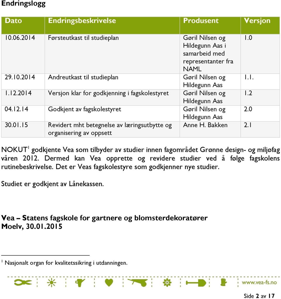 0 1.1. 1.2 2.0 Hildegunn Aas Anne H. Bakken 2.1 NOKUT 1 godkjente Vea som tilbyder av studier innen fagområdet Grønne design- og miljøfag våren 2012.