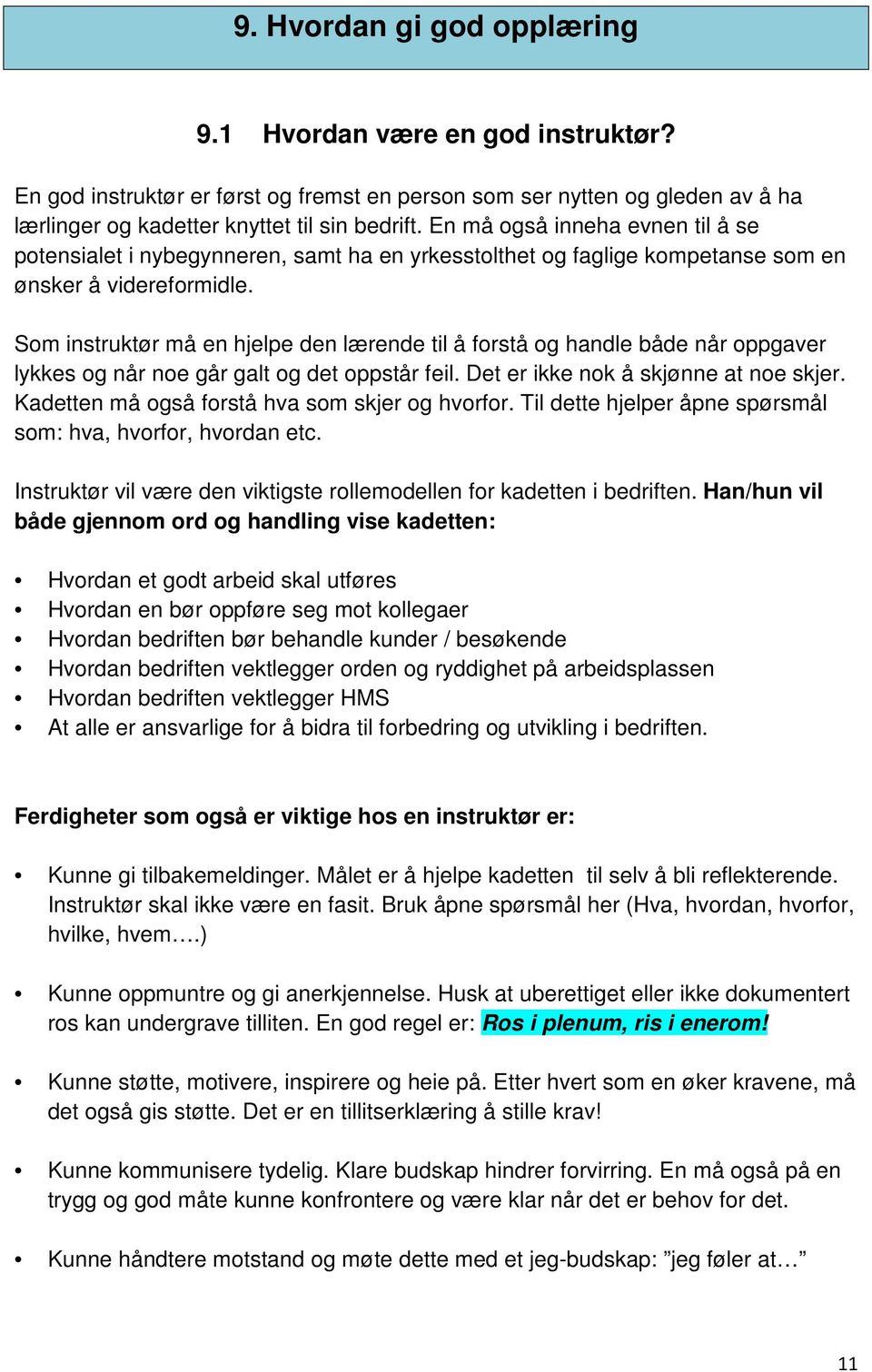 Som instruktør må en hjelpe den lærende til å forstå og handle både når oppgaver lykkes og når noe går galt og det oppstår feil. Det er ikke nok å skjønne at noe skjer.