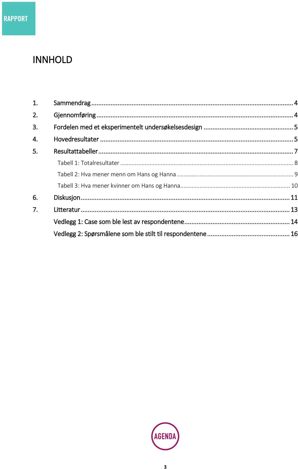 .. 8 Tabell 2: Hva mener menn om Hans og Hanna... 9 Tabell 3: Hva mener kvinner om Hans og Hanna... 10 6.