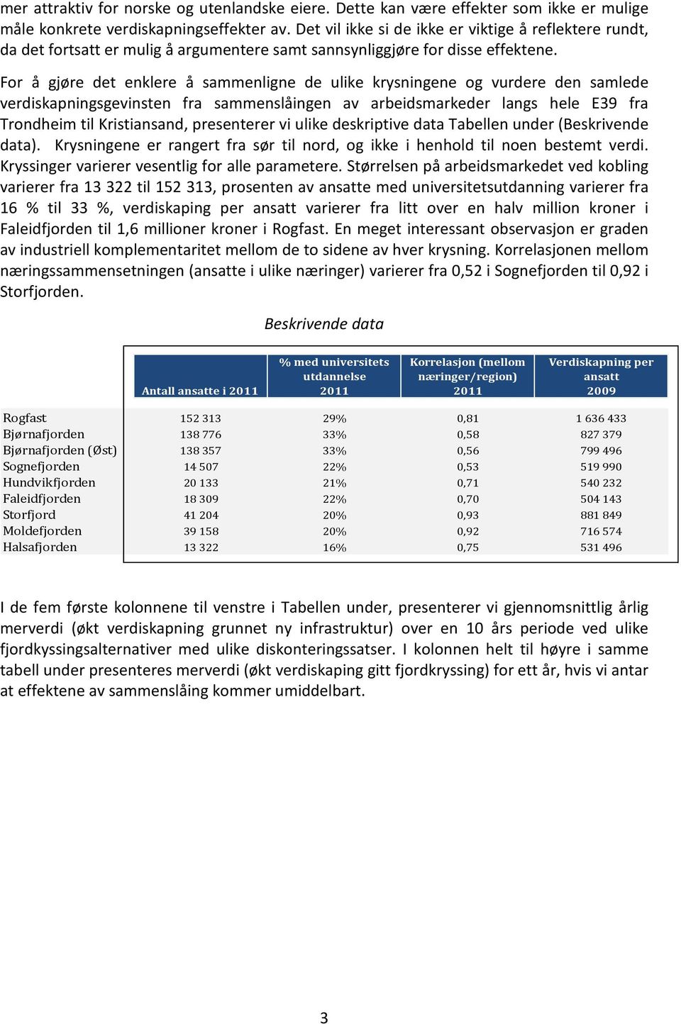 For å gjøre det enklere å sammenligne de ulike krysningene og vurdere den samlede verdiskapningsgevinsten fra sammenslåingen av arbeidsmarkeder langs hele E39 fra Trondheim til Kristiansand,