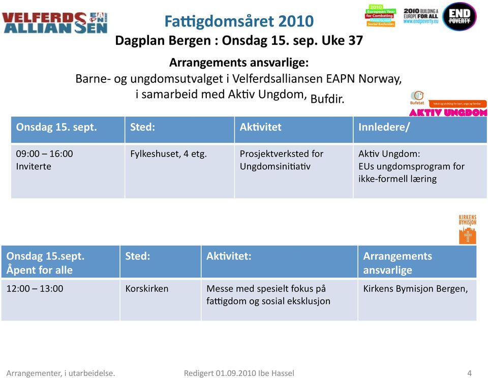 Onsdag 15. sept. Sted: Ak#vitet Innledere/ 09:00 16:00 Inviterte Fylkeshuset, 4 etg.