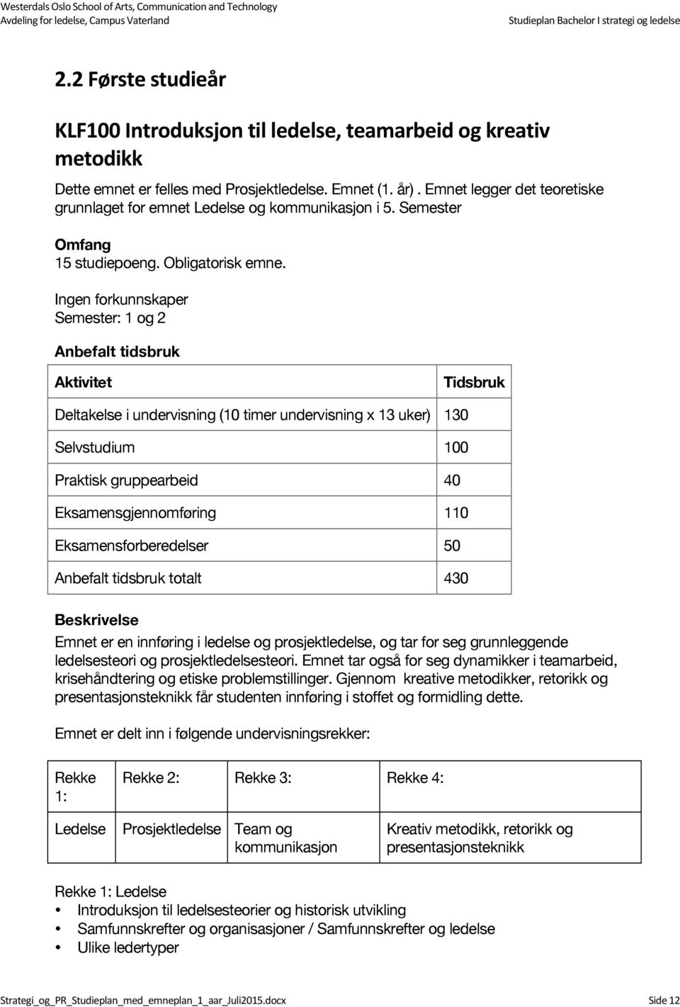 Ingen forkunnskaper Semester: 1 og 2 Anbefalt tidsbruk Aktivitet Tidsbruk Deltakelse i undervisning (10 timer undervisning x 13 uker) 130 Selvstudium 100 Praktisk gruppearbeid 40