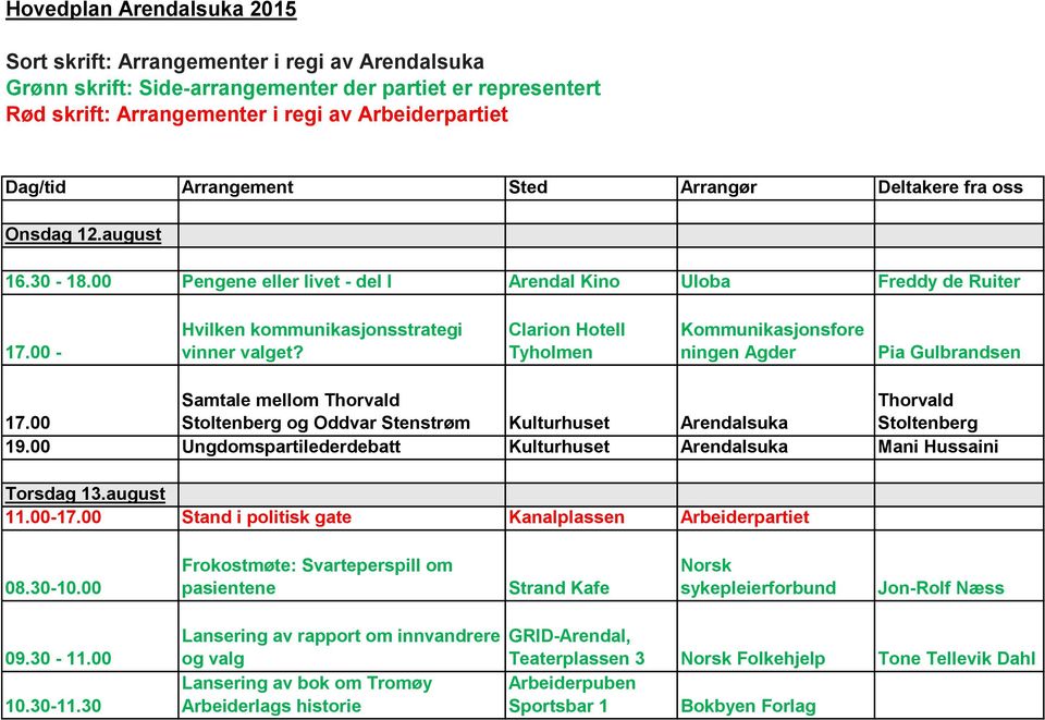 Clarion Hotell Tyholmen Kommunikasjonsfore ningen Agder Pia Gulbrandsen Samtale mellom Thorvald Thorvald 17.00 Stoltenberg og Oddvar Stenstrøm Kulturhuset Arendalsuka Stoltenberg 19.