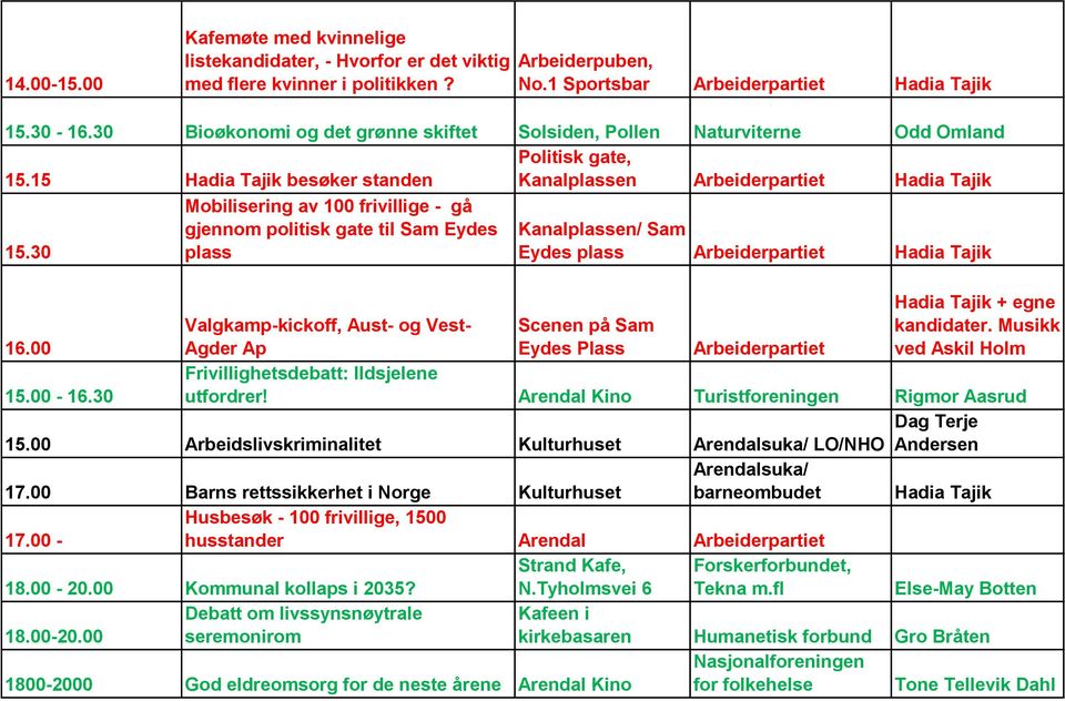 30 Mobilisering av 100 frivillige - gå gjennom politisk gate til Sam Eydes plass Kanalplassen/ Sam Eydes plass Arbeiderpartiet Hadia Tajik 16.