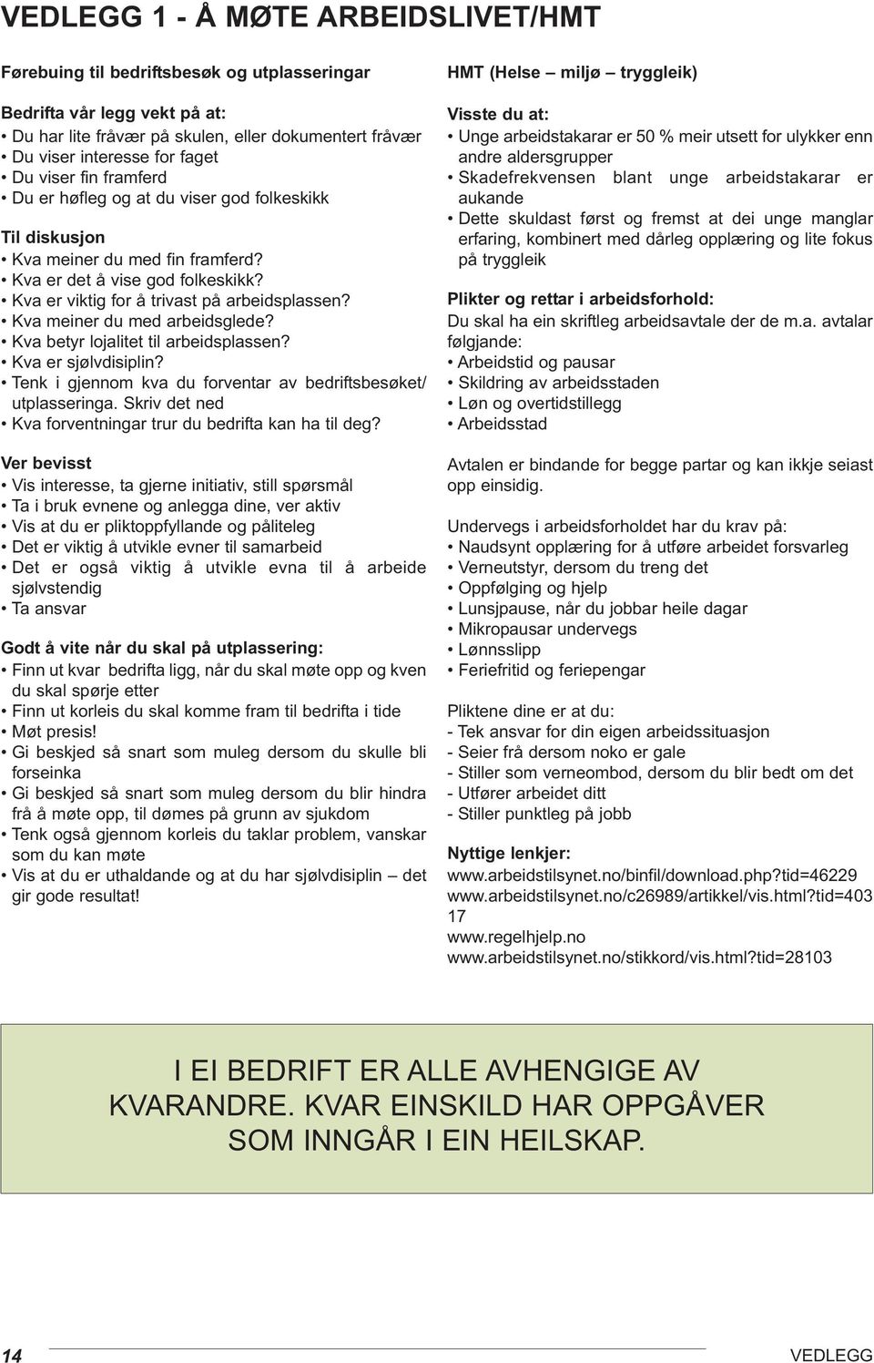 Kva meiner du med arbeidsglede? Kva betyr lojalitet til arbeidsplassen? Kva er sjølvdisiplin? Tenk i gjennom kva du forventar av bedriftsbesøket/ utplasseringa.