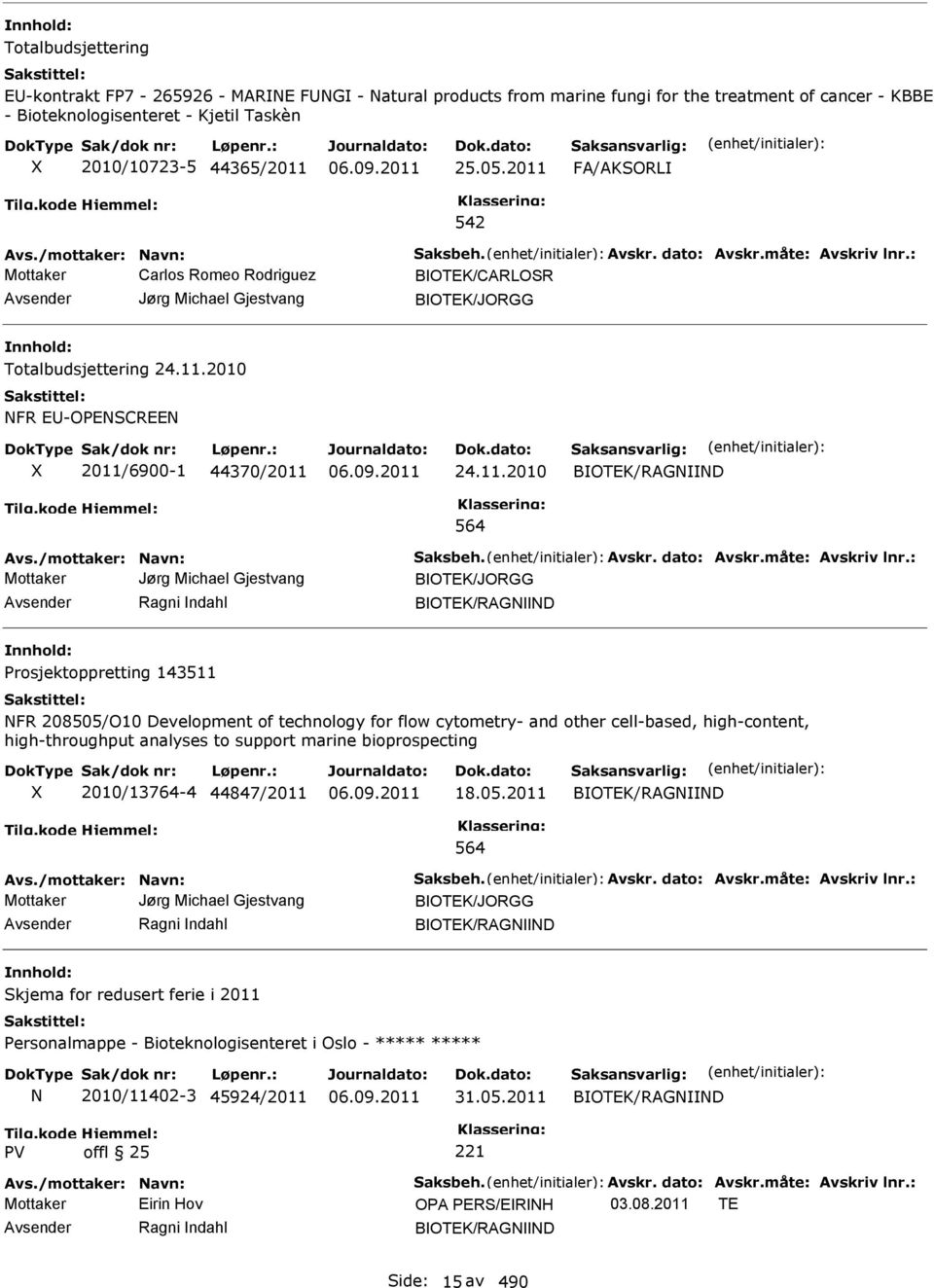 Mottaker Jørg Michael Gjestvang BOTEK/JORGG Ragni ndahl BOTEK/RAGNND Prosjektoppretting 143511 NFR 208505/O10 Development of technology for flow cytometry- and other cell-based, high-content,