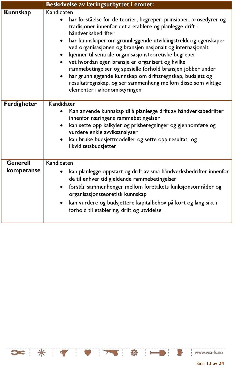 begreper vet hvordan egen bransje er organisert og hvilke rammebetingelser og spesielle forhold bransjen jobber under har grunnleggende kunnskap om driftsregnskap, budsjett og resultatregnskap, og