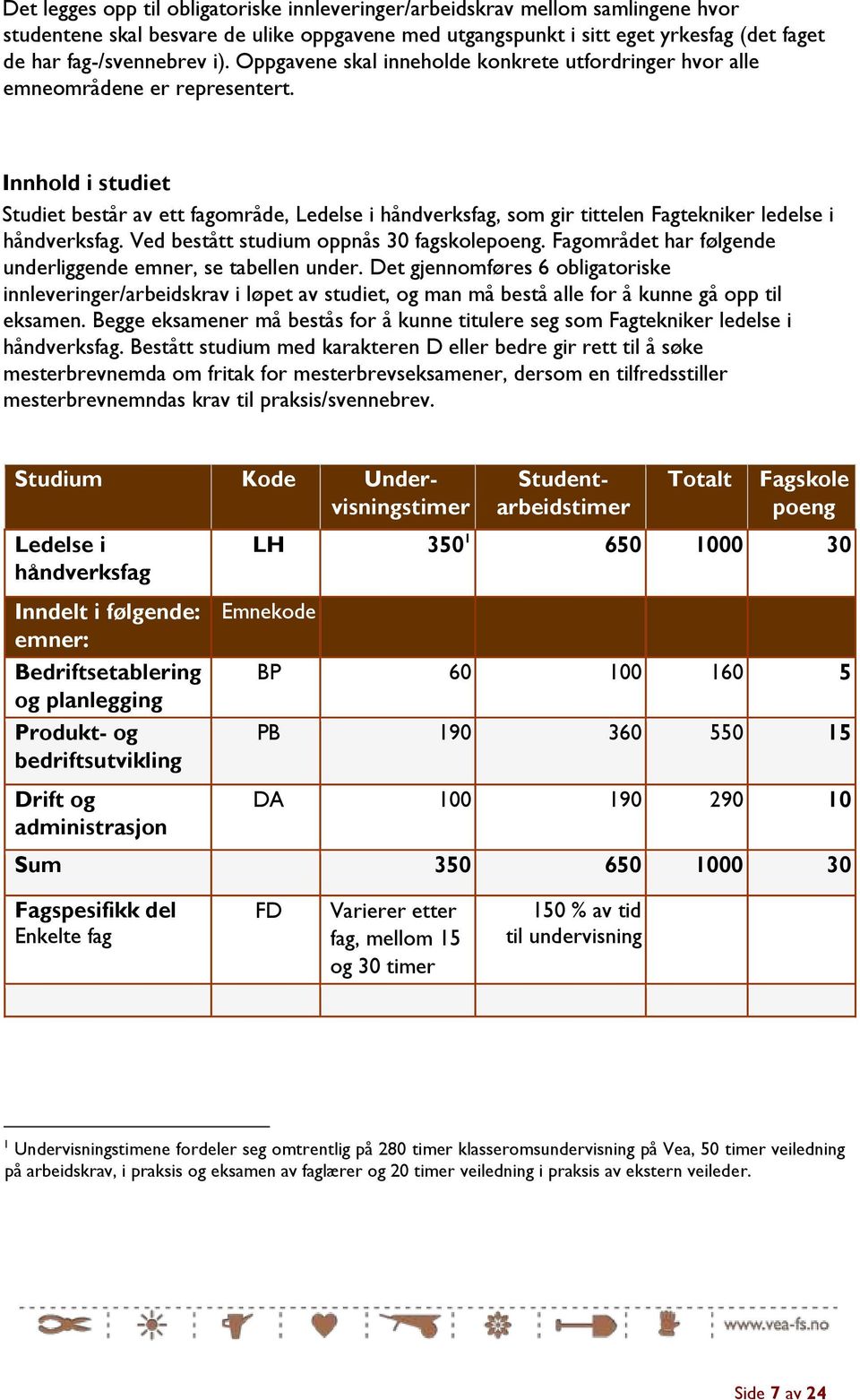 Innhold i studiet Studiet består av ett fagområde, Ledelse i håndverksfag, som gir tittelen Fagtekniker ledelse i håndverksfag. Ved bestått studium oppnås 30 fagskolepoeng.