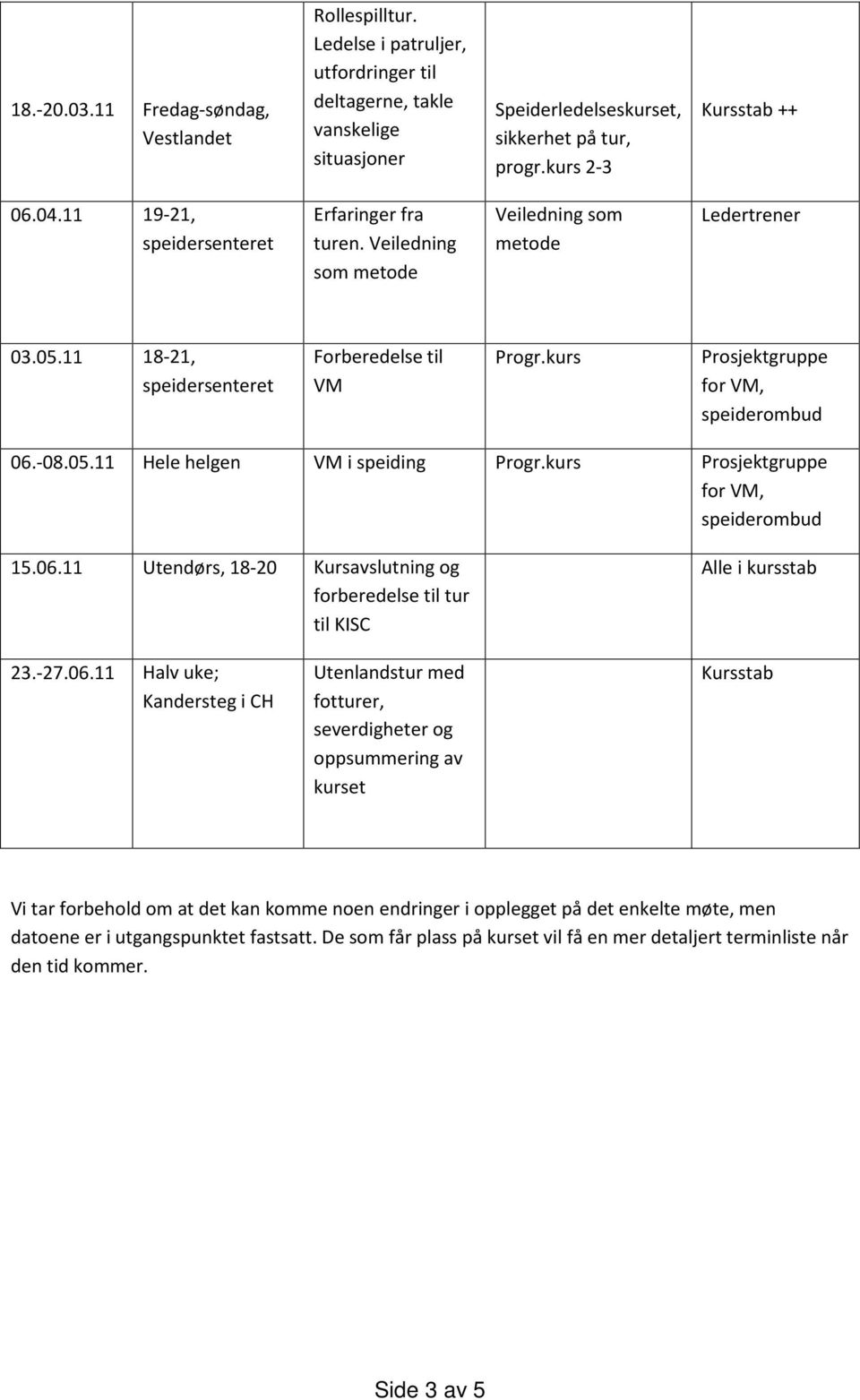 kurs Prosjektgruppe for VM, speiderombud 06.-08.05.11 Hele helgen VM i speiding Progr.kurs Prosjektgruppe for VM, speiderombud 15.06.11 Utendørs, 18-20 Kursavslutning og forberedelse til tur til KISC Alle i kursstab 23.