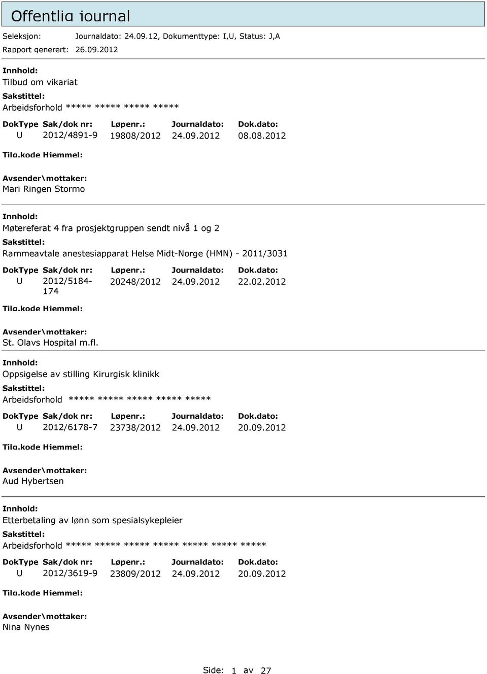 nr: 2012/5184-174 Løpenr.: 20248/2012 22.02.2012 St. Olavs Hospital m.fl. Oppsigelse av stilling Kirurgisk klinikk 2012/6178-7 23738/2012 20.09.