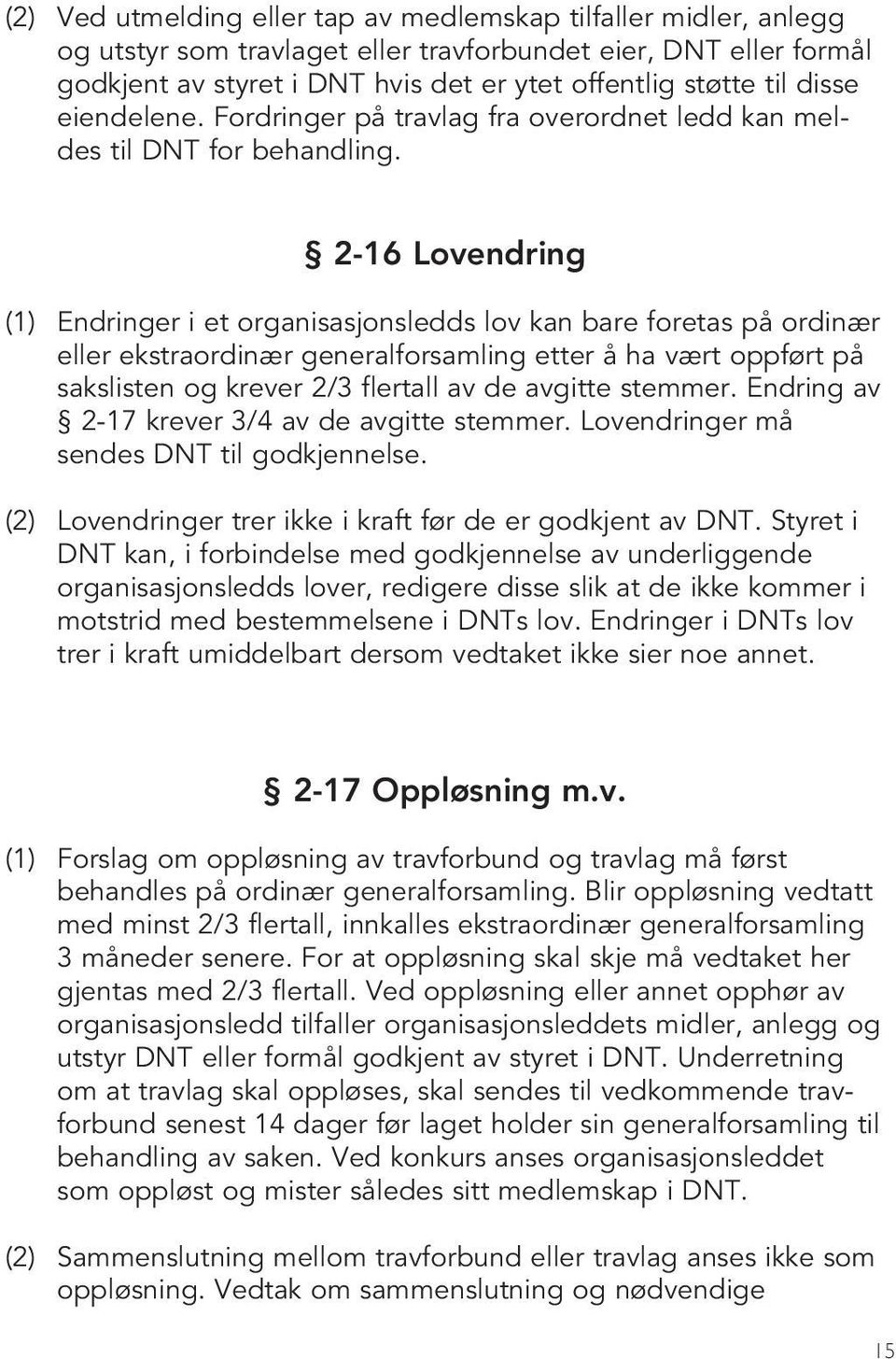 2-16 Lovendring (1) Endringer i et organisasjonsledds lov kan bare foretas på ordinær eller ekstraordinær generalforsamling etter å ha vært oppført på sakslisten og krever 2/3 flertall av de avgitte