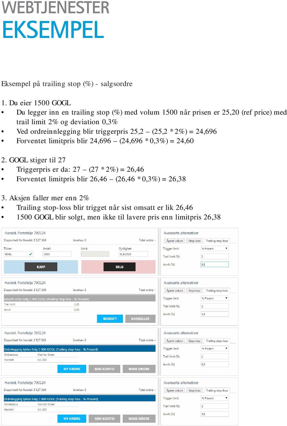 ordreinnlegging blir triggerpris 25,2 (25,2 * 2%) = 24,696 Forventet limitpris blir 24,696 (24,696 * 0,3%) = 24,60 2.