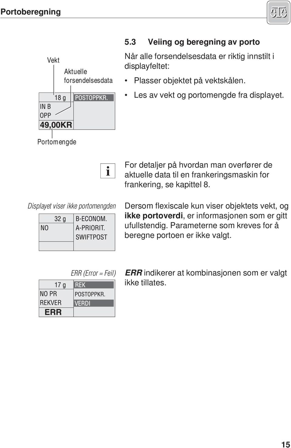 Les av vekt og portomengde fra displayet.