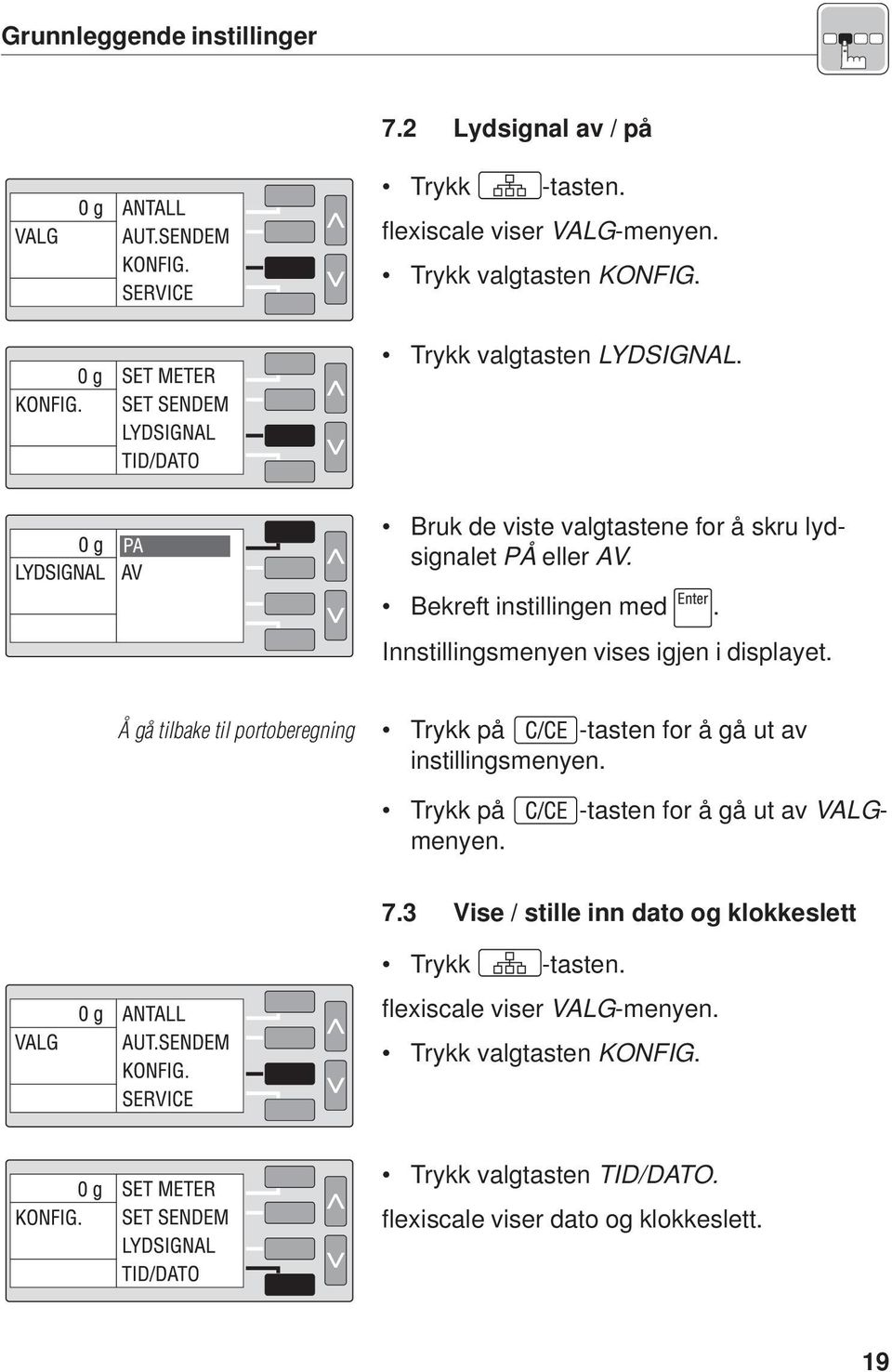 Å gå tilbake til portoberegning Trykk på -tasten for å gå ut av instillingsmenyen. Trykk på -tasten for å gå ut av VALGmenyen. 7.