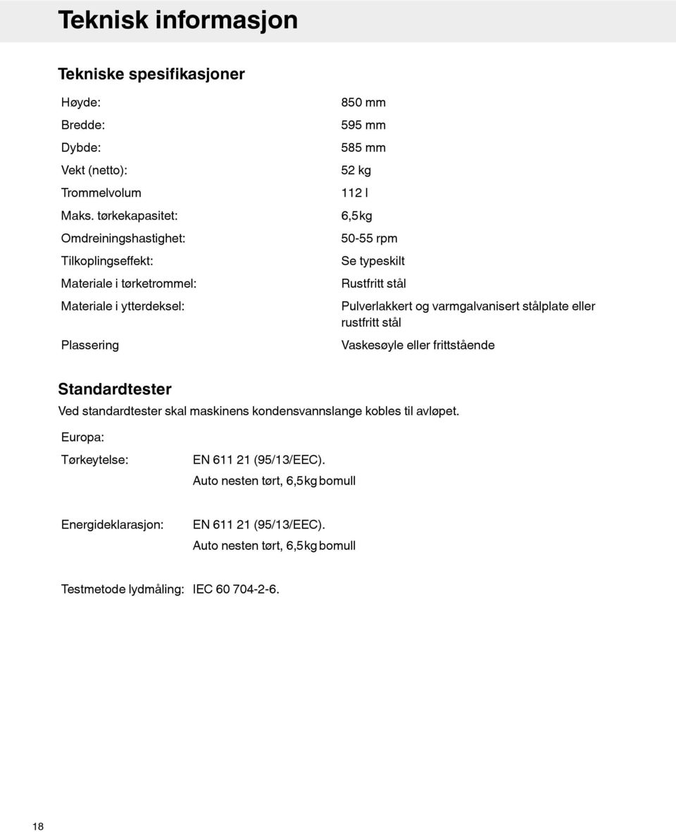 rpm Se typeskilt Rustfritt stål Pulverlakkert og varmgalvanisert stålplate eller rustfritt stål Vaskesøyle eller frittstående Standardtester Ved standardtester skal