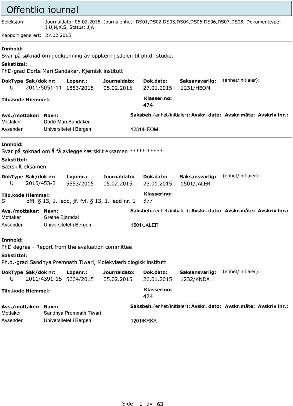måte: Avskriv lnr.: Mottaker Dorte Mari andaker niversitetet i Bergen 1231/HEOM var på søknad om å få avlegge særskilt eksamen ærskilt eksamen 2015/453-2 5553/2015 23.01.2015 1501/JALER 377 Avs.