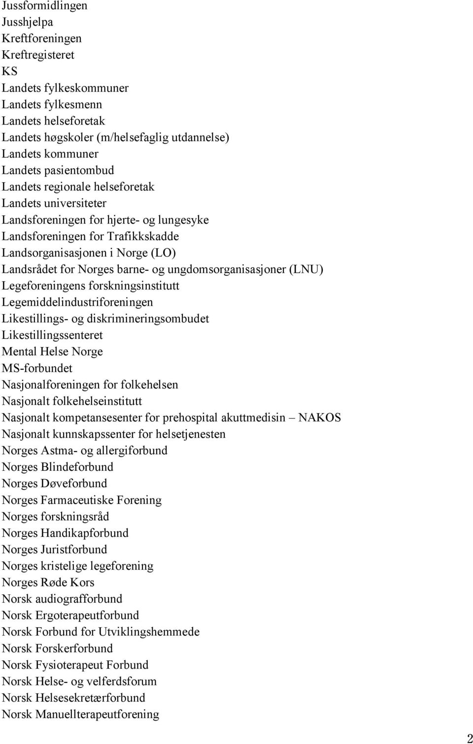 barne- og ungdomsorganisasjoner (LNU) Legeforeningens forskningsinstitutt Legemiddelindustriforeningen Likestillings- og diskrimineringsombudet Likestillingssenteret Mental Helse Norge MS-forbundet